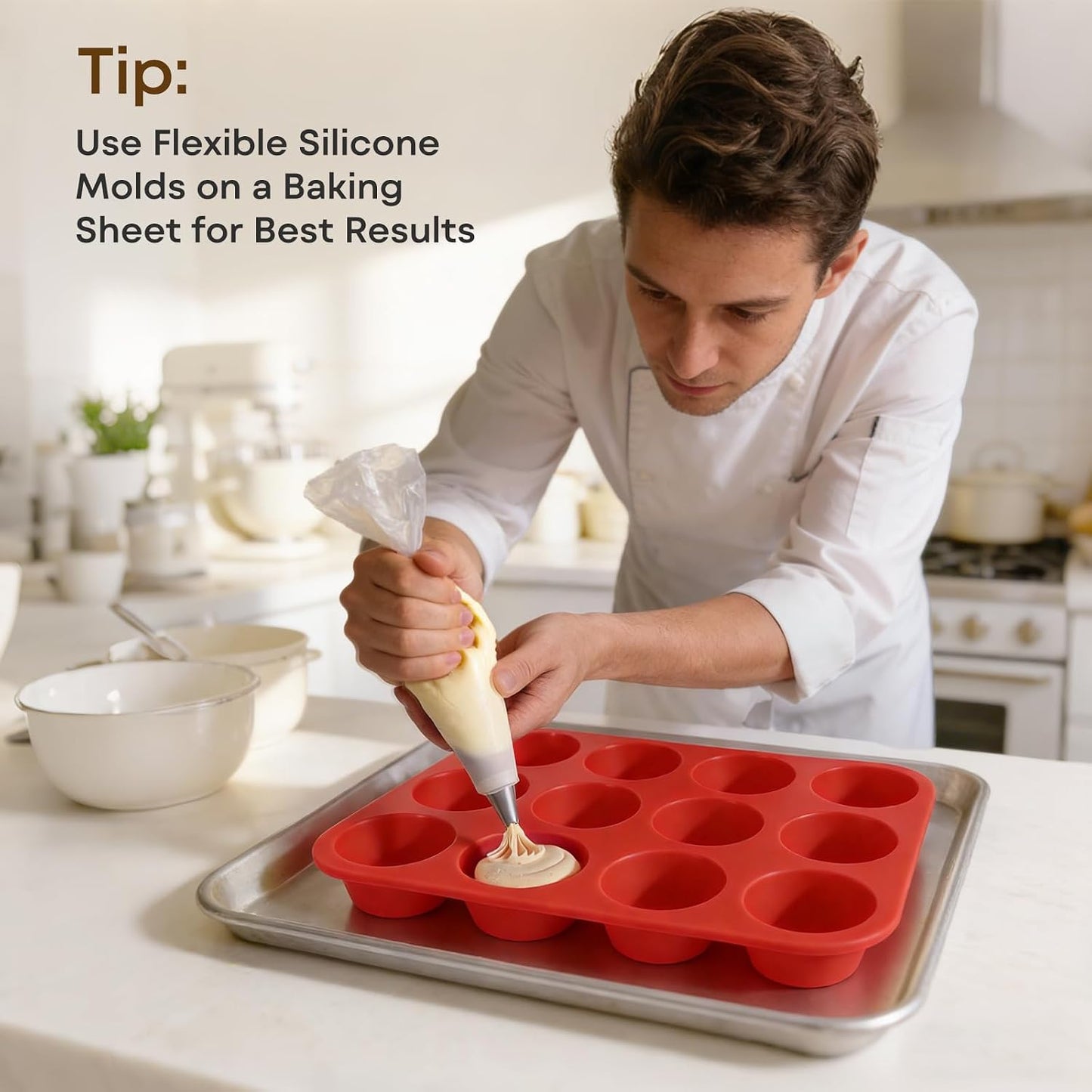 Silicone Muffin Pans for Baking Nonstick 2 Pcs, 12 Cup Regular Cupcake Pan, Food-Grade Silicone Baking Molds for Cupcakes, Egg Bites, Freezer, White