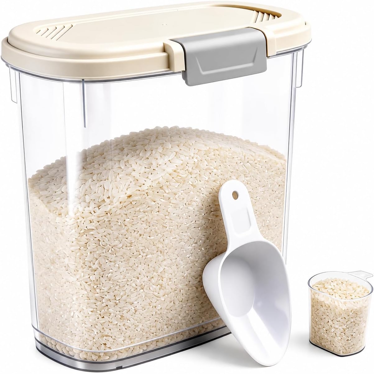 Large Rice Storage Container 15-20 Lbs, Tall Flour Container with Scoop + Cup - Slim Dry Food Storage Bin for Cereal, Sugar, Beans, Pet Dog Cat Food Container - Kitchen and Pantry Storage Organization