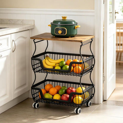 2 Pack 3-Tier Rolling Kitchen Storage Cart Fruit Basket Stand for Vegetables & Snacks Stackable Wire Pantry Floor Organizer with Wheels for Kitchen, Living Room, Bedroom, Office (Black)