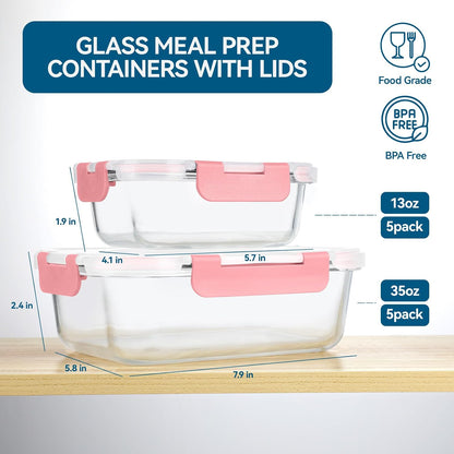 BAYZZ 10 Pack Glass Meal Prep Containers, Glass Food Storage Containers with Lids, Airtight Lunch Box, Freezer,Oven,Microwave and Dishwasher Safe