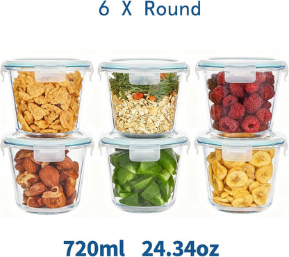 8 PCS Glass Meal Prep Containers with Lids, Airtight 3 Cup Glass Storage Containers Set, Round Deep Soup Containers with Lids for Leftover, Microwave, Dishwasher, and Freezer Safe(4 Sets)