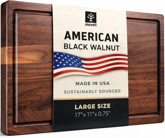 Mevell Large American Black Walnut Cutting Board, Made in USA, Non Toxic