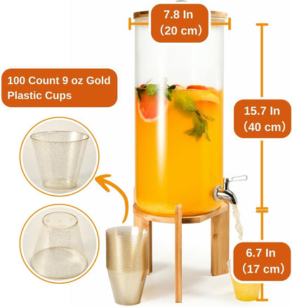 Glass Beverage Dispenser with Bamboo Stand and Lid, Iced 2.1 Gallon Drink Server with Spigot, Large Thick Glass Drink Dispenser for Parties, Hotels, Restaurants, Homes