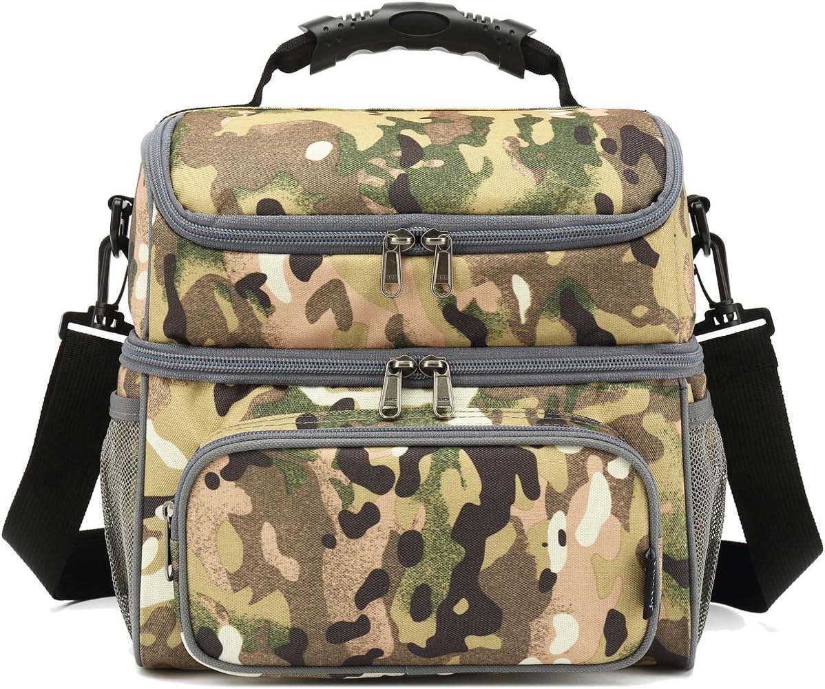 FlowFly Double Layer Cooler Insulated Lunch Bag Adult Lunch Box Large Tote Bag for Men, Women, With Adjustable Strap,Front Pocket and Dual Large Mesh Side Pockets