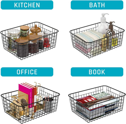 Metal White Wire Basket,Food Storage Organizer with Wooden Handles, pantry organizers and storage for Organizing Kitchen Cabinets potato onion, 2 Packs