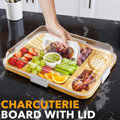 SpaceAid Charcuterie Board with Clear Lid, Portable Travel Cheese Cutting Boards for Picnic Accessories, Bamboo Serving Tray with Lids, House Warming Gifts, Black Handles, 8 Compartments