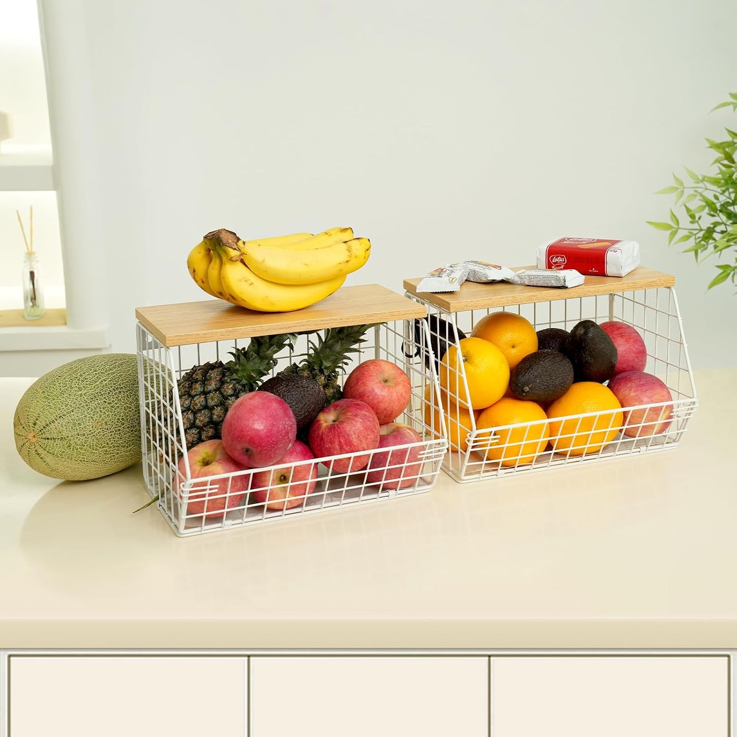 Mefirt 2pcs Fruit Basket Kitchen Storage Basket with Wood Lid, Stackable Wall Basket Fruit Basket for Kitchen, Countertop Organizer for Snack, Fruit and Veggie Storage, 11.8 x 7.9 x 8.5 Inch