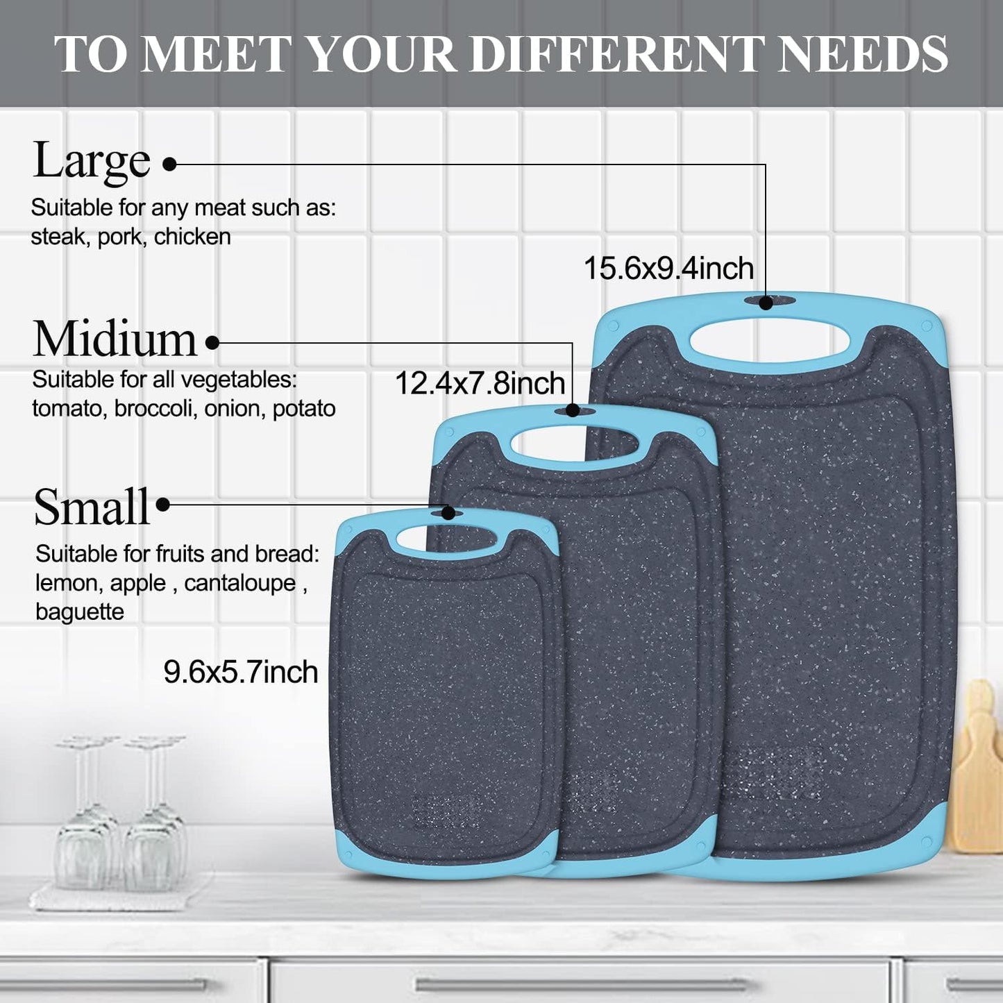 Viretang Plastic Cutting Boards Set of 3 Extra Large for Kitchen, Thick Chopping Board with Deep Juice Grooves, Non‑Slip Feet, Easy Grip Handle, BPA Free, Dishwasher Safe,Black