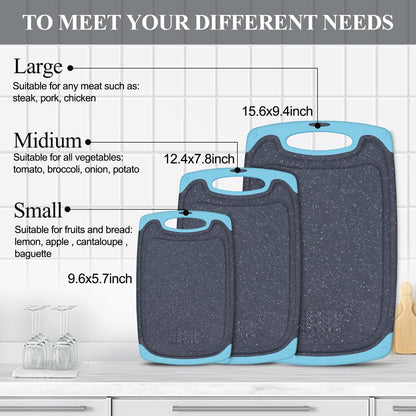 Viretang Plastic Cutting Boards Set of 3 Extra Large for Kitchen, Thick Chopping Board with Deep Juice Grooves, Non‑Slip Feet, Easy Grip Handle, BPA Free, Dishwasher Safe,Black
