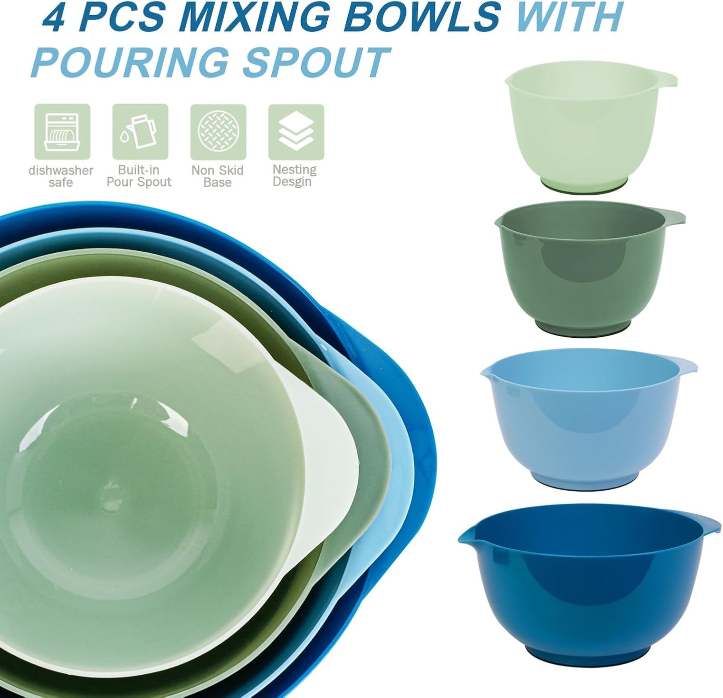 BoxedHome Nesting Plastic Mixing Bowl Set With Pour Spout, Microwave and Dishwasher Safe, BPA free Non-Slip Base, Set of 4 Size 1.7, 2.5, 3.5 and 4.5qt, Great for Prepping, Baking, Cooking (Dark Blue)