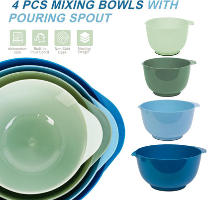 BoxedHome Nesting Plastic Mixing Bowl Set With Pour Spout, Microwave and Dishwasher Safe, BPA free Non-Slip Base, Set of 4 Size 1.7, 2.5, 3.5 and 4.5qt, Great for Prepping, Baking, Cooking (Dark Blue)