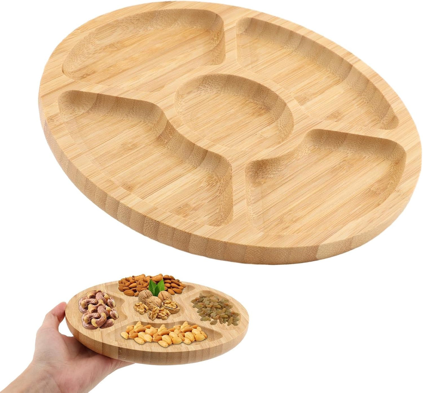 Divided Serving Tray, Bamboo Appetizer Party Platter with 5 Compartments For Serving Dishes, Servings Platter, Chip And Dip Trays, Veggie Tray, Or Taco, Round (SIZE:8")