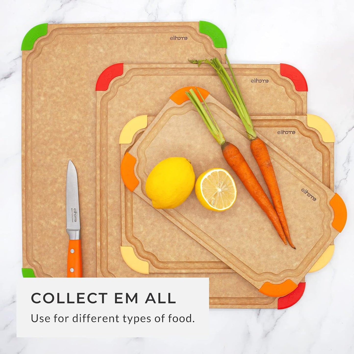 Elihome Premium Series 2-in-1 Kitchen Cutting Board Set, Non Slip Feet, Color Coded with Food Icon, Natural Wood Fiber, Dishwasher Safe, Eco-Friendly, Juice Grooves,Non Porous, BPA Free, Made in USA