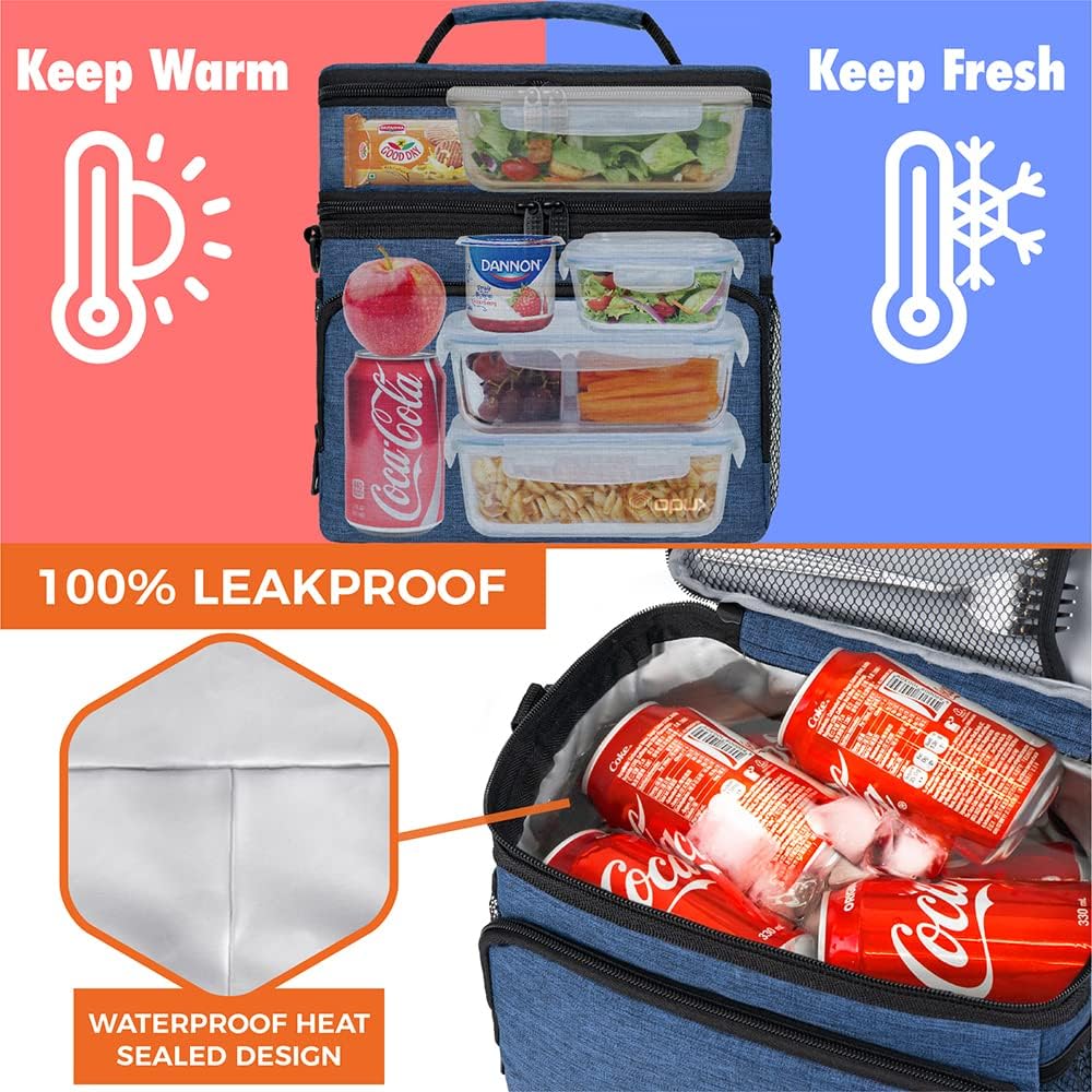 opux Insulated Lunch Bag for Men Women, Large Dual Compartment Cooler Bag, Soft Two Deck Lunch Box for Work School Picnic, Leakproof Lunch Tote with Shoulder Strap for Kid Adult (Purple, Double Deck)