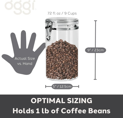 Oggi Large Clear Canister with Clamp Lid, 72 oz - Large Airtight Food Storage Container, for Kitchen & Pantry Storage of Bulk, Dry Foods, Pasta, Flour, Sugar, Coffee, Rice, Tea, Spices & Herbs