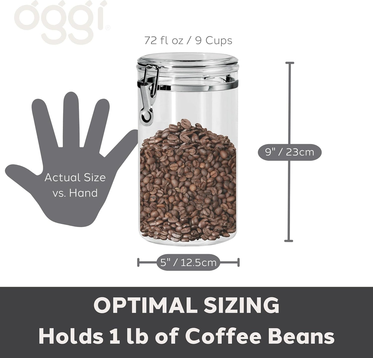 Oggi Clear Canister with Clamp Lid, 28 oz - Large Airtight Food Storage Container, for Kitchen & Pantry Storage of Bulk, Dry Foods Including Pasta, Flour, Sugar, Coffee, Rice, Tea, Spices & Herbs