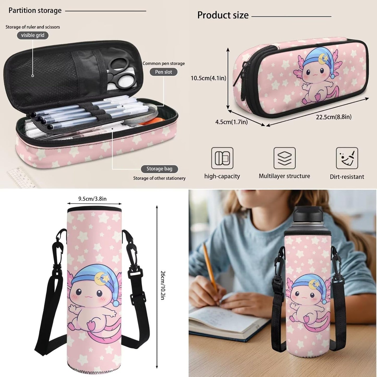 Cute Capybara Pizza Backpack for Girls, 5 Pcs Boys School Bag Set for Kids, 17 Inch Backpacks Lunch Pencil Box Reusable Utensils Case Set for Middle Elementary School, 3rd Grade Backpack