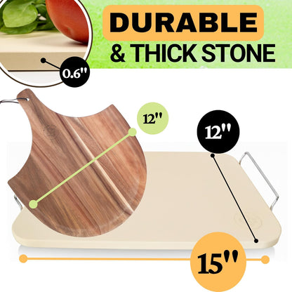 Pizza Stone for Oven and Grill Set - 5PCS Pizza Making Accessories Kit - 15 inch Pizza Stone with Handles, Pizza Peel, Pizza Cutter, Dough Tool - Baking Stone for Bread - Large Rectangular Oven Stones