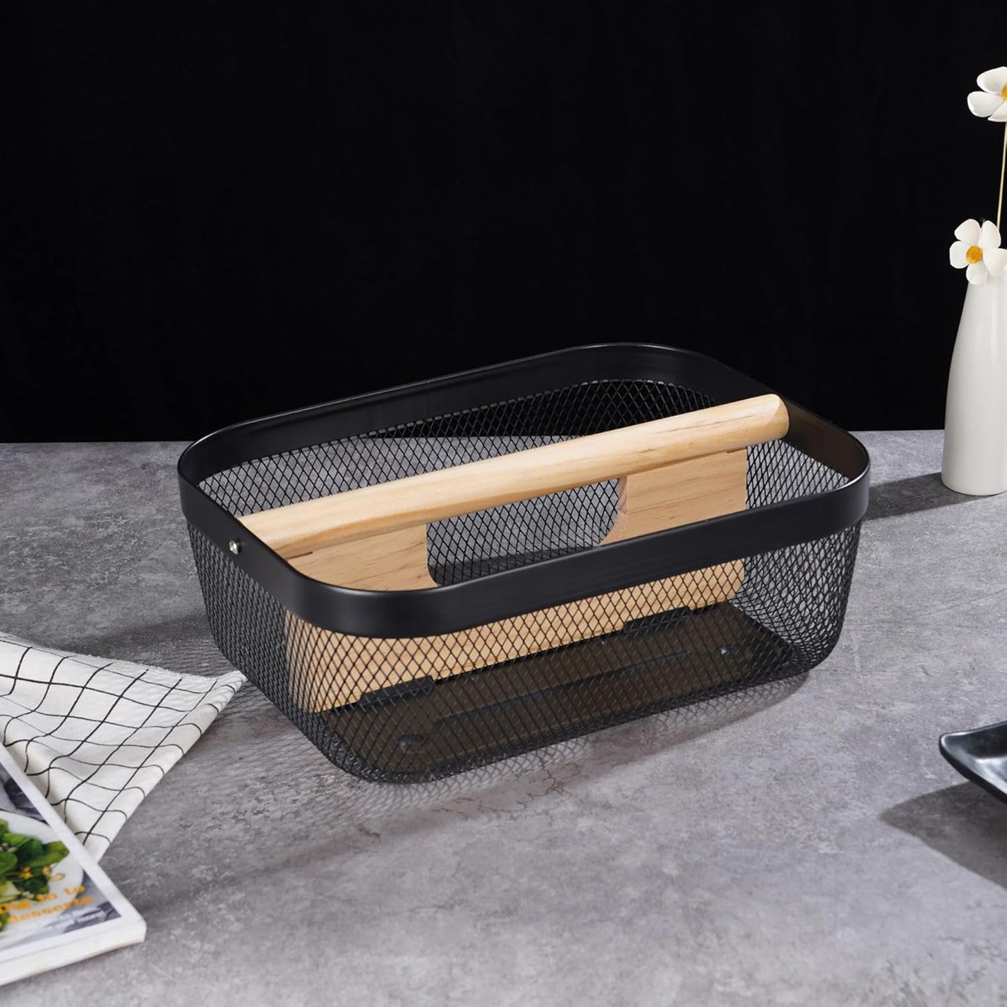 AJIODA Metal Mesh Steel Storage Basket, Garden Harvest Wire Organizer Basket Multi-functional Kitchen Fruit Basket with Wooden Removable Partition & Handle for Bathroom Picnic Decor Cabinet, Grey