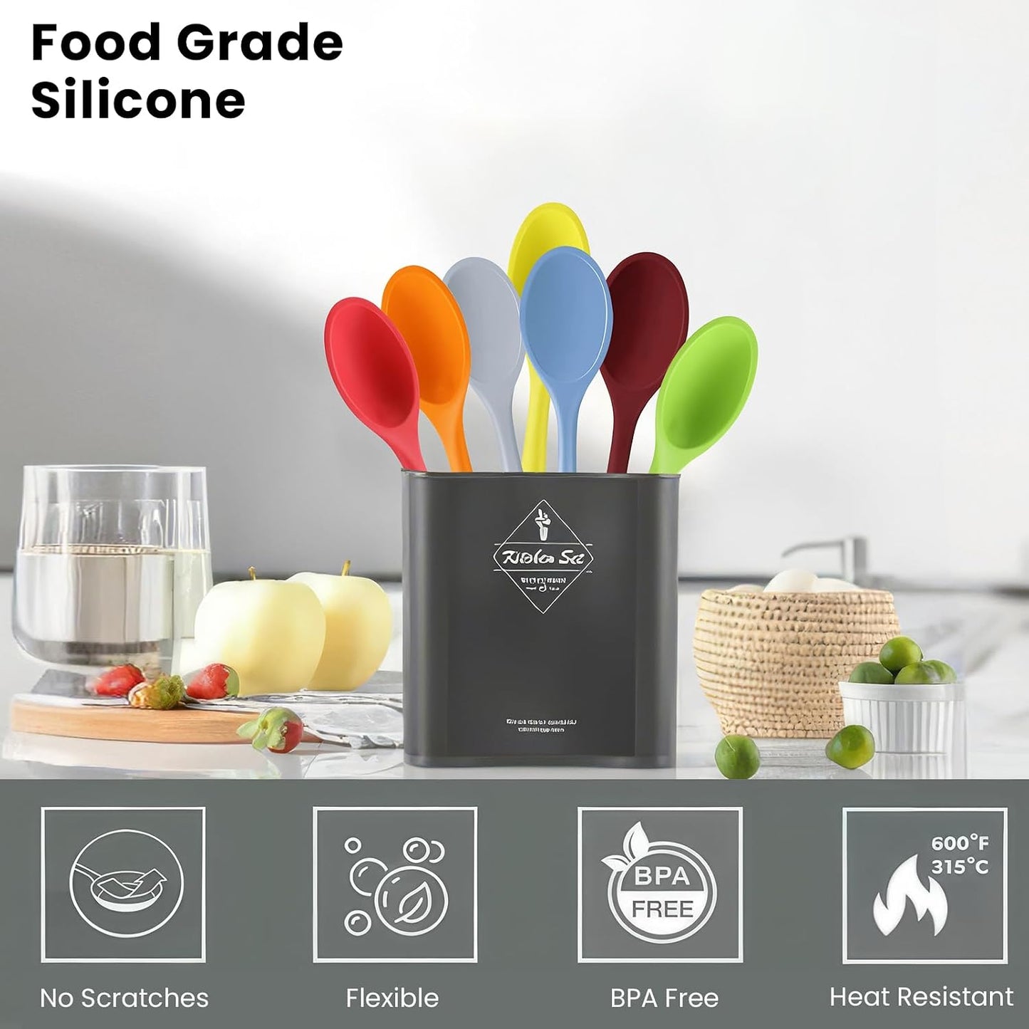 GEEKHOM Silicone Cooking Spoons, 4 Pieces 8" Heat Resistant Silicone Kitchen Utensils Set Serving Stirring Spoons for Non Stick Cooking, Mixing, Basting, Baking, Black+Red+Gray+Blue