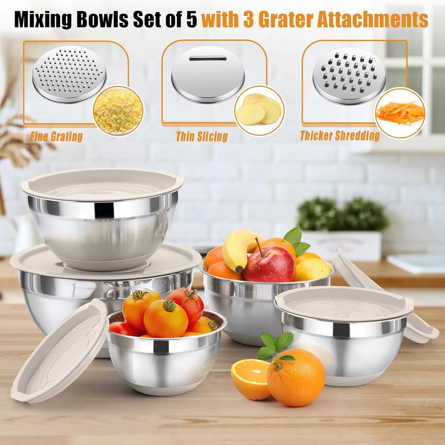 P&P CHEF Mixing Bowl with Lid Set, 5 Piece Stainless Steel Mixing Nesting Bowls for Salad Storage, 3 Grater Attachments & Non-Slip Bottoms, Size 1/1.5/2 / 2.6/4.6 QT, Black