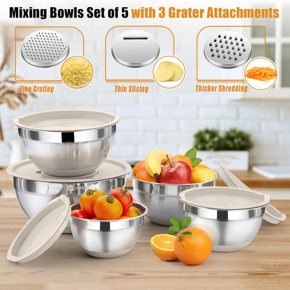 P&P CHEF Mixing Bowl with Lid Set, 5 Piece Stainless Steel Mixing Nesting Bowls for Salad Storage, 3 Grater Attachments & Non-Slip Bottoms, Size 1/1.5/2 / 2.6/4.6 QT, Black
