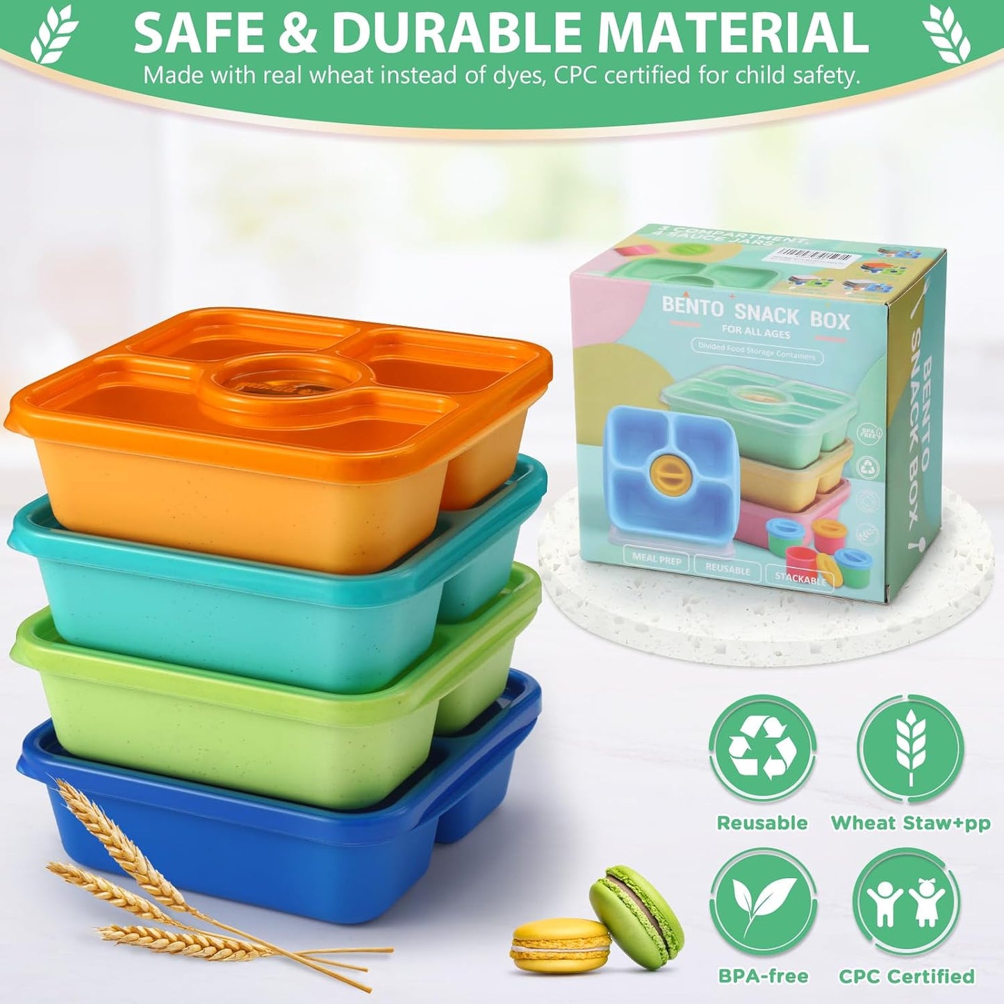 Bento Snack Box Containers for Adults Kids, 4 Pack Lunchable Meal Prep Containers Reusable, Stackable Bento Lunch Box, Food Storage Prep Containers with Lids and 4 Sauce Cups, Pastel Color, Clear Lid