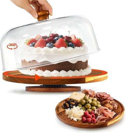 Acacia-Wood-Cake-Stand With Acrylic Lid, Rectangular Cake Plates Charcuterie Board With Cover, 2-in-1 Cake Holder With Dome，Dessert Table Display Stand For Cheese, Chips & Dips, Nachos, Fruit Platter