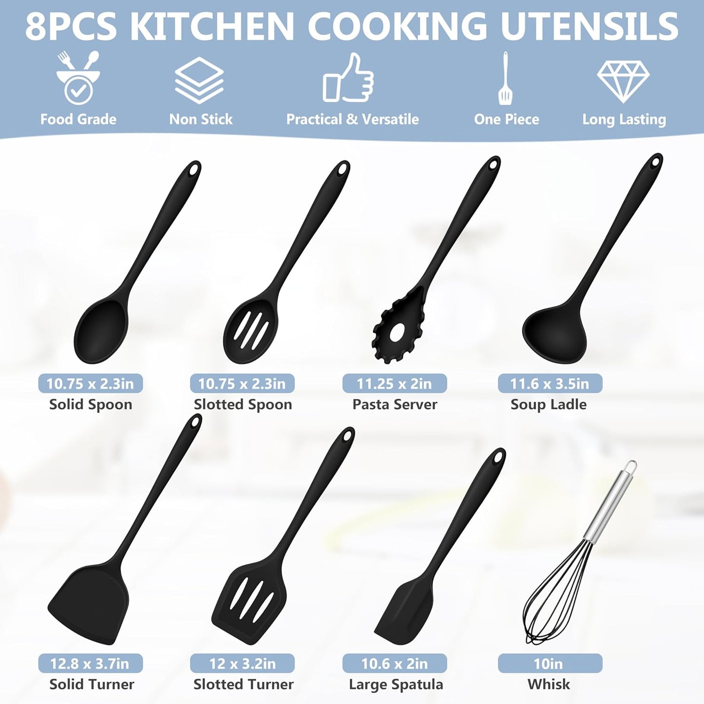 TeamFar Silicone Cooking Utensils Set, 8 PCS Kitchen Utensils Set, 446°F Heat Resistant, Turner, Spatula, Spoon, Whisk, Kitchen Cooking Gadgets Tools for Nonstick Cookware, Dishwasher Safe-Khaki