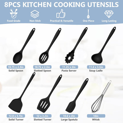 TeamFar Silicone Cooking Utensils Set, 8 PCS Kitchen Utensils Set, 446°F Heat Resistant, Turner, Spatula, Spoon, Whisk, Kitchen Cooking Gadgets Tools for Nonstick Cookware, Dishwasher Safe-Khaki