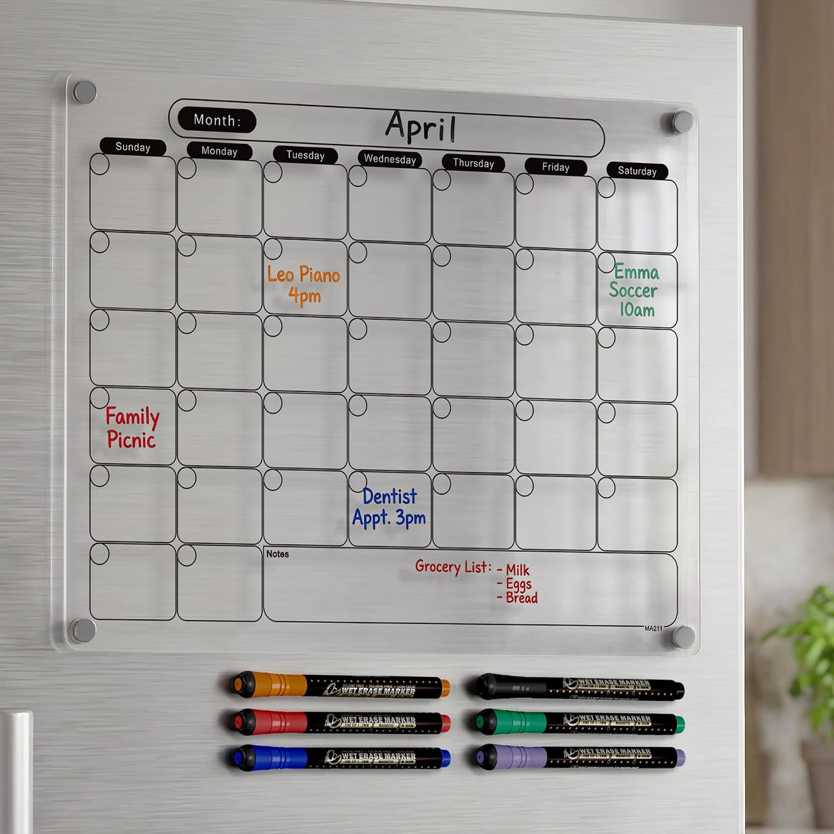 Acrylic Magnetic Calendar for Fridge, Set of 2 Clear Dry Erase Calendar Reusable Planning Boards Monthly & Weekly Black, with Wet Erasable Markers 16" x 12" inches