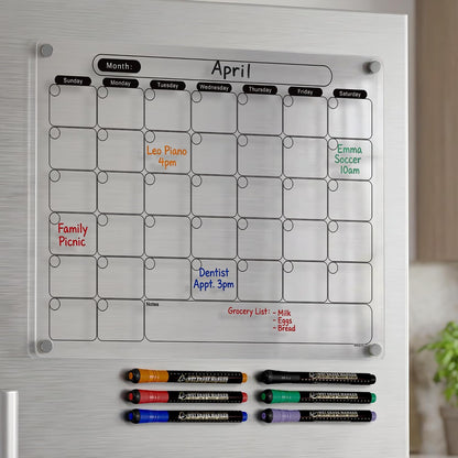 Acrylic Magnetic Calendar for Fridge, Set of 2 Clear Dry Erase Calendar Reusable Planning Boards Monthly & Weekly Black, with Wet Erasable Markers 16" x 12" inches