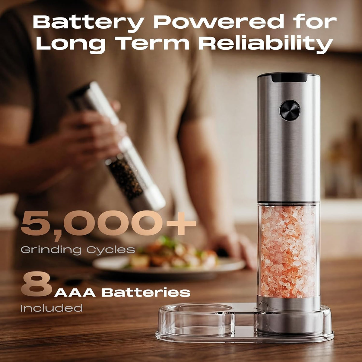 Electric Salt and Pepper Grinder Set, Battery Automatic Salt and Pepper Shaker with Adjustable Coarseness, Large Capacity Pepper Mill with LED White Elephant Gifts(Battery-Stainless Steel)