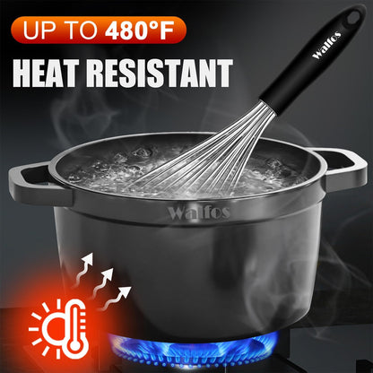 Walfos Silicone Whisk,Stainless Steel Wire Whisk -Heat Resistant 480°F Kitchen Whisks for Non-stick Cookware,Balloon Egg Beater Perfect for Blending,Whisking,Beating,Frothing & Stirring,Black