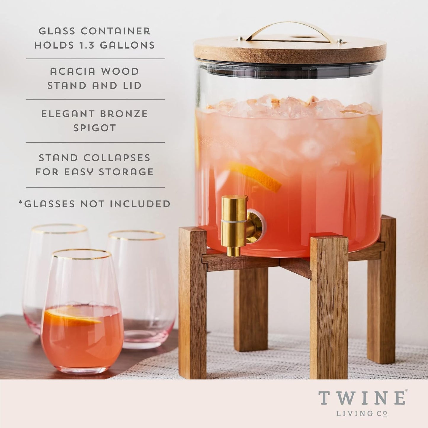 Twine Outdoor Double Drink Dispenser, Beverage Spigot Dispenser, Cocktail Dispenser for Parties with Collapsible Wood Drink Stand, Stackable Dispenser Set of 1