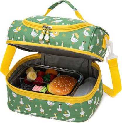 Insulated Kids Dual Compartment Lunch Bags Tote Pack for Girls Boys Toddler Kindergarten School Picnic Cooler Thermal Lunch Boxes with Strap (Green Rainbow)