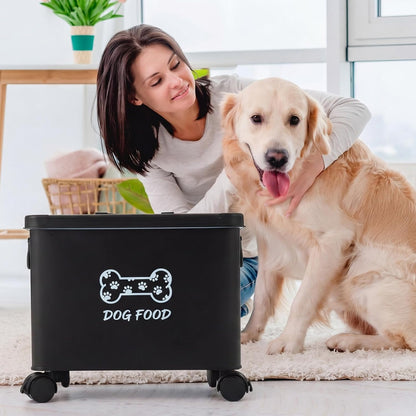 Moxweyeni Dog Food Container 13 lb Cute Airtight Food Storage Containers with Metal Lid Scoop Black Metal Storage Bin for Dog Cat with Wheels