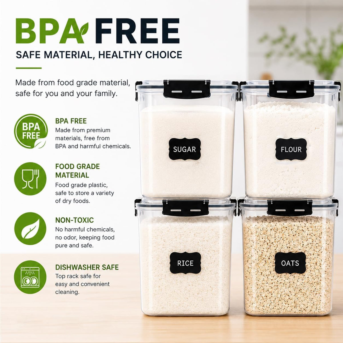 CASA LINGO Airtight Food Storage Containers with Lids Plastic 5.3L Set of 4 | Large Pantry Organization and Storage for Flour Sugar Dry Food Cereal, Kitchen Food Storage Containers, BPA Free