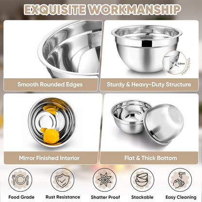TeamFar Mixing Bowls with Lids, 5-Piece Stainless Steel Metal Nesting Salad Bowl for Mixing Prepping, Healthy & Heavy Duty, Airtight Lids & Dishwasher Safe, 4.5/3/1.5/1/0.7 QT-Khaki