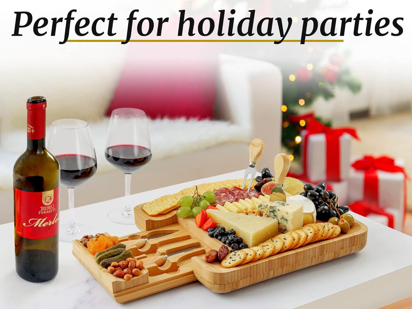 Zulay Kitchen Premium Bamboo Charcuterie Board - Extra Thick Bamboo Board with 4 Piece Knife Set - Perfect for Charcuterie, Wine and Cheese