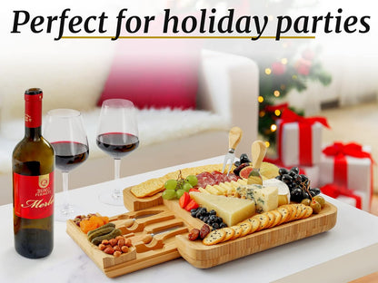 Zulay Kitchen Premium Bamboo Charcuterie Board - Extra Thick Bamboo Board with 4 Piece Knife Set - Perfect for Charcuterie, Wine and Cheese