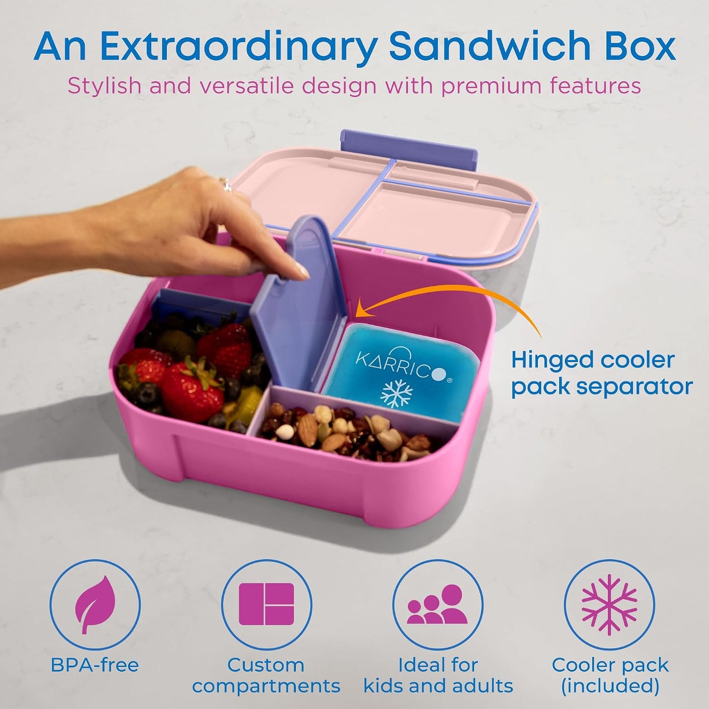 KARRICO Leakproof Lunch Box – 3-Compartment Bento Box, Cooler Pack & Adjustable Divider, Extra Large & BPA-Free – Dishwasher Safe, Ideal for On-the-Go Meals, Green