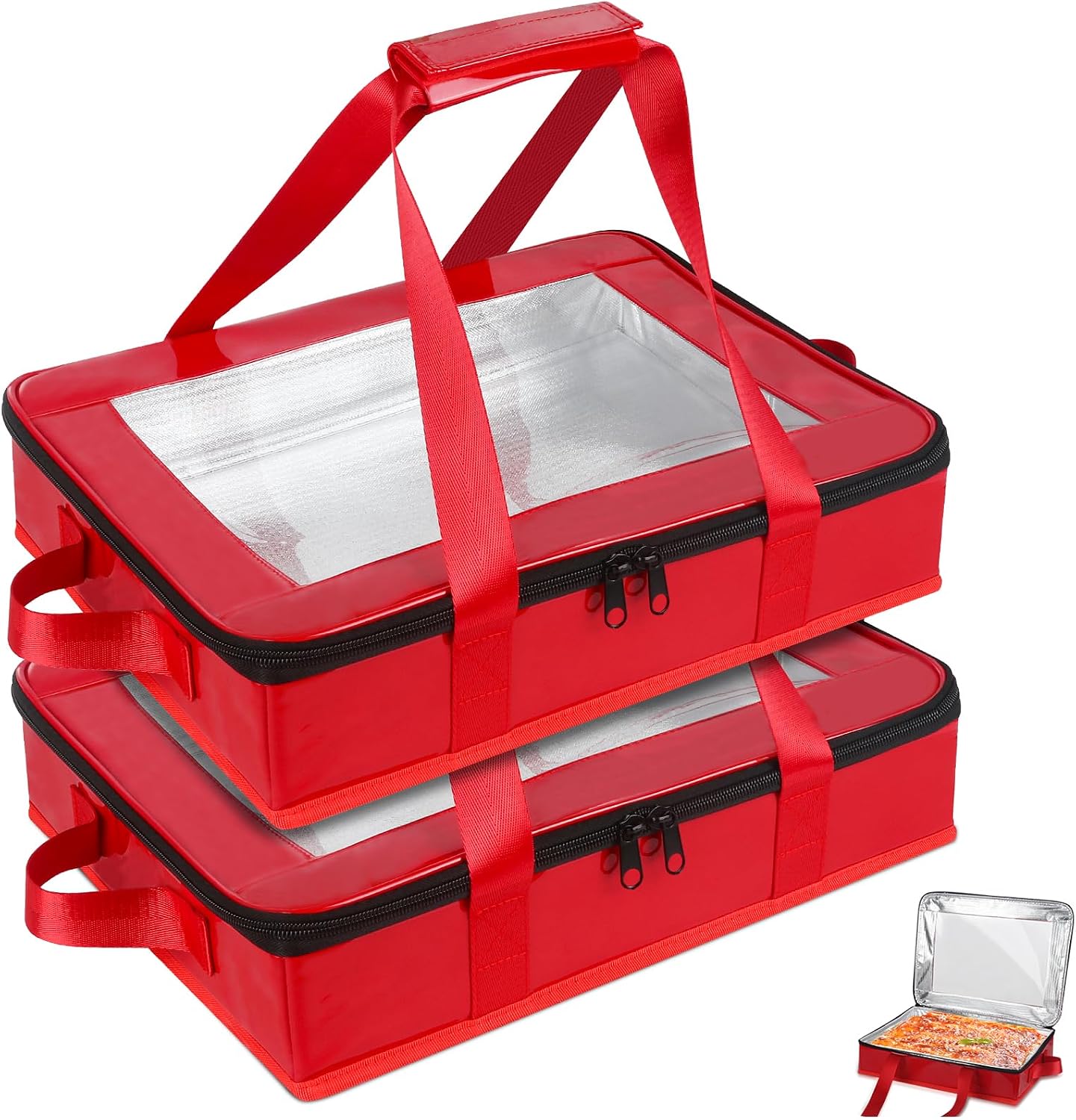 2 Pack Foil Pan Carrier with Clear Lid, PU Leather Aluminum Pan Holders with Long Handle,Serving Tray for Food,Insulated Casserole Carrier for Travel,Picnic,Parties,Fits 9"x13" Baking Dish (2, Black)