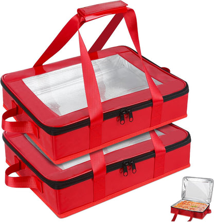 2 Pack Foil Pan Carrier with Clear Lid, PU Leather Aluminum Pan Holders with Long Handle,Serving Tray for Food,Insulated Casserole Carrier for Travel,Picnic,Parties,Fits 9"x13" Baking Dish (2, Black)