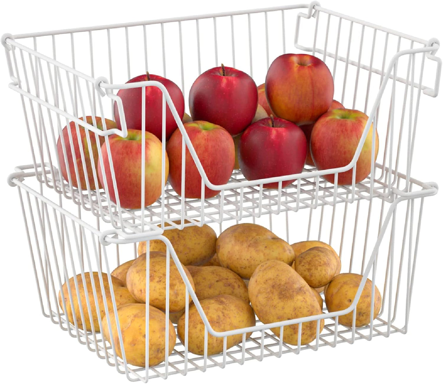 Stackable Wire Metal Baskets Sturdy Cabinet Organizer Wire Pantry Freezer Bin with Handle for Kitchen Fruit Vegetable Organization, Black, 3Packs
