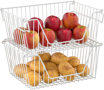 Stackable Wire Metal Baskets Sturdy Cabinet Organizer Wire Pantry Freezer Bin with Handle for Kitchen Fruit Vegetable Organization, Black, 3Packs