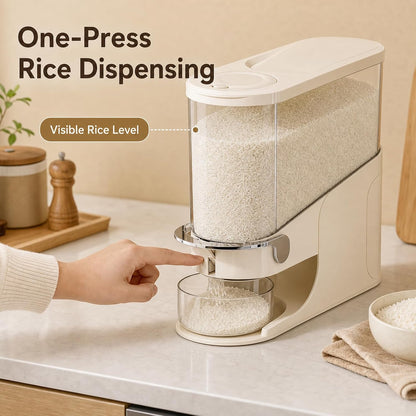 Rice Dispenser 11 Lb, Slim Rice Storage Container with Double Sealing Strip, Press to Dispense Cereal Container Airtight for Kitchen Pantry Organization, (Ivory White-11lb)
