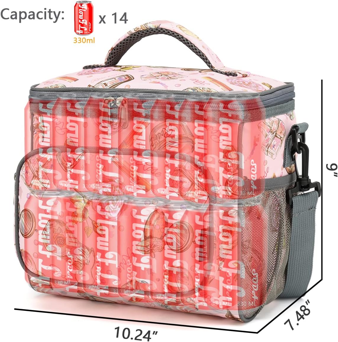 FlowFly Insulated Reusable Lunch Bag Adult Large Lunch Box for Women and Men with Adjustable Shoulder Strap,Front Zipper Pocket and Dual Large Mesh Side Pockets,Cherry - Colors B