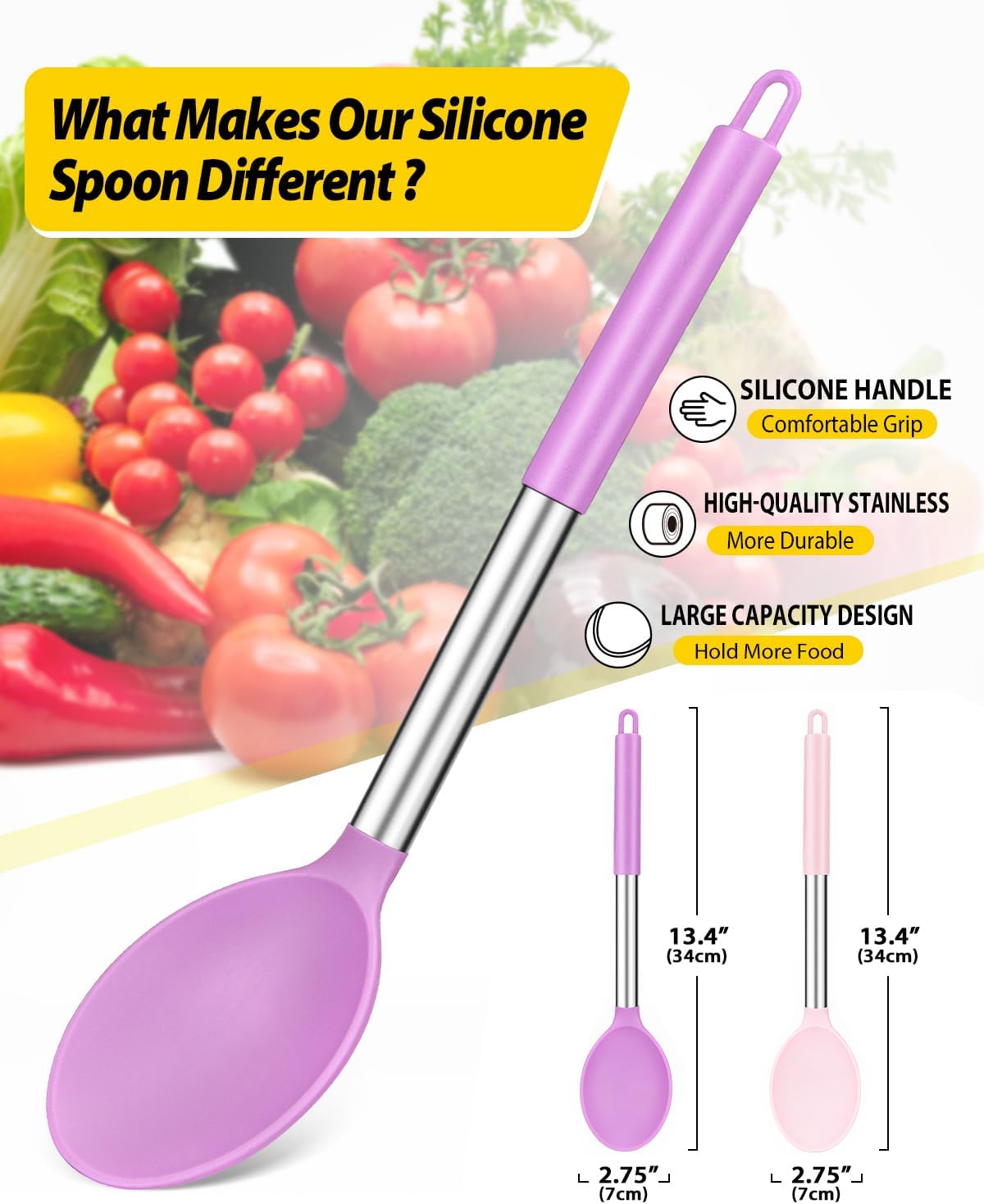 Pack of 2 Large Silicone Cooking Spoon Non Stick Solid Basting Spoons Heat-Resistant Kitchen Utensils for Mixing Serving (Gray-Blue)