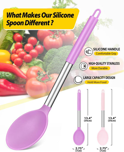 Pack of 2 Large Silicone Cooking Spoon Non Stick Solid Basting Spoons Heat-Resistant Kitchen Utensils for Mixing Serving (Gray-Blue)